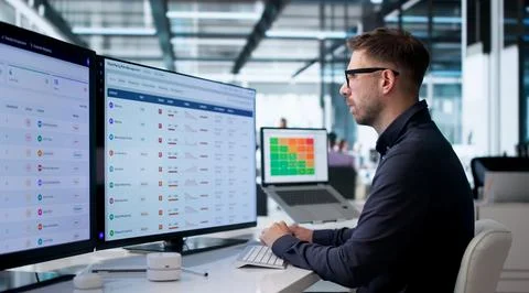 Man Uses Computer Software For Strategic Supplier Risk And Compliance Analysi Stockfoto's