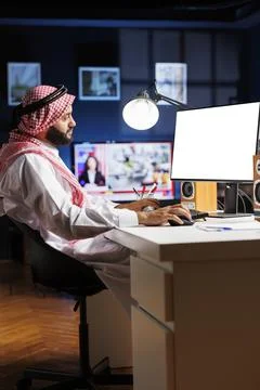 Man uses computer with white screen Stock Photos