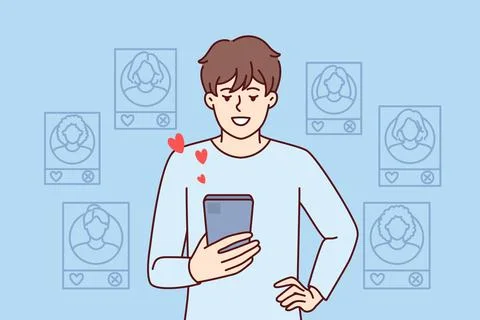 Man uses dating applications on mobile phone and looks through profiles of women Illustrazione stock