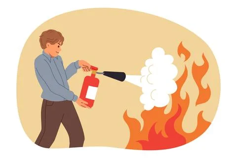 Man uses fire extinguisher, heroically approaching flame and trying to put out Stock Illustration