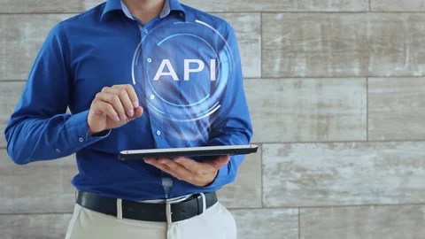 Man uses hologram text API Stock Footage 157543826