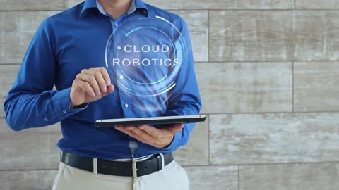 Man uses hologram text Cloud Robotics Stock Footage 153149586