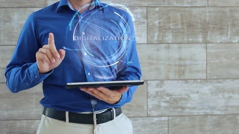 Man uses hologram with text Digitalization Stock Footage 111971228