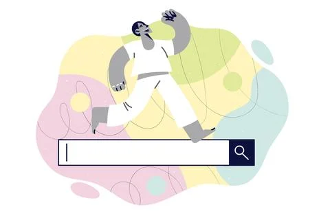 Man uses internet search technologies and runs along string for user request Stock Illustration
