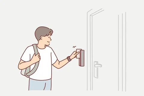 Man uses key card to open door to hotel room or hostel during tourist trip or Illustrazione stock