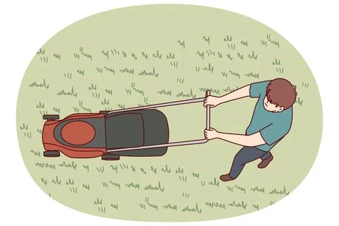 Man uses lawn mower to cut grass and wild weeds on golf course in park or in his Stock Illustration