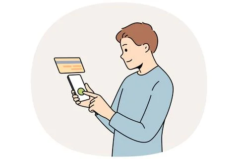 Man uses pay later function on phone while shopping online in application or Stock Illustration
