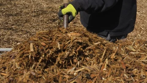 A man uses a pitchfork to pick up a chunk of mulch. Stock Footage 336466209