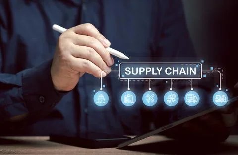 .man uses pointer pen on supply chain chart to make decisions at virtual sc.. Stock Photos