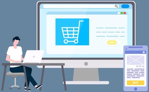 Man uses program, smartphone application for online shopping, selling via Stock Illustration