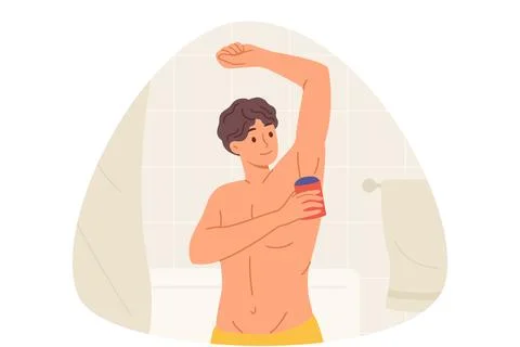 Man uses roll-on deodorant to get rid of sweat on armpits, standing in bathroom Stock Illustration