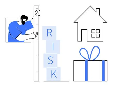 Man uses ruler to measure risk blocks, house and gift box nearby. Ideal for b Illustrazione stock