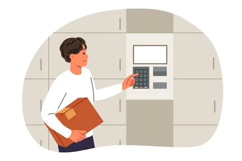 Man uses self-service postal kiosk to send parcel or temporarily store it in Stock Illustration
