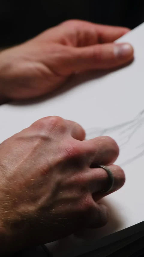 Man uses sketching technique drawing mannequin on sheet Stock Footage 316145543