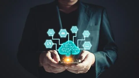 Man uses a smartphone and a cloud computing diagram. data storage.the use o.. Stock Photos