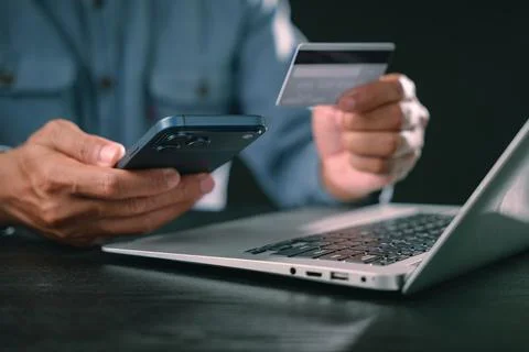 Man uses smartphone, digital, display, cyber, security, online, shopping, p.. Stock Photos