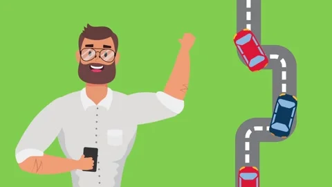 Man uses smartphone for navigation on winding road with cars in motion. Video stock 339067402