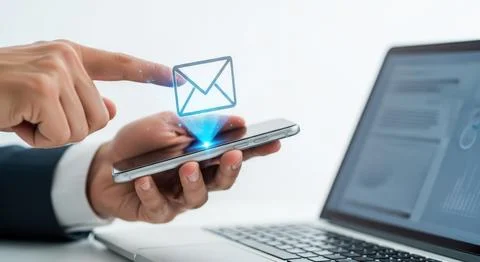 Man uses smartphone to send email with futuristic holographic envelope over.. Stock Illustration