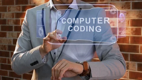 Man uses smartwatch hologram Computer coding Stock Footage 127721103
