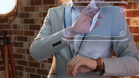 Man uses smartwatch hologram computer processor Stock Footage 157113748