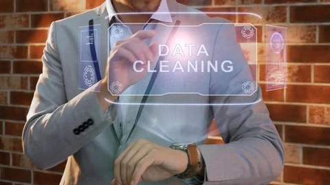 Man uses smartwatch hologram Data cleaning Stock Footage 126450978