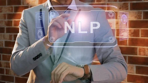 Man uses smartwatch hologram NLP Stock Footage 126705553