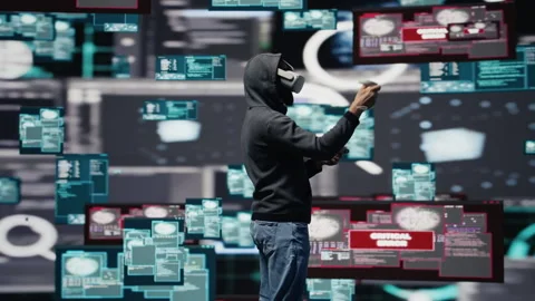 Man uses virtual reality headset for system corruption and password cracking Stock Footage 310973390