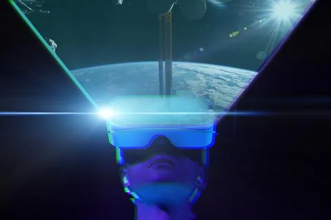 Man uses virtual reality headset to see the far corners of space. Elements of イラスト素材