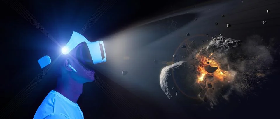 Man uses virtual reality headset to see the far corners of space. Elements of 库存插图