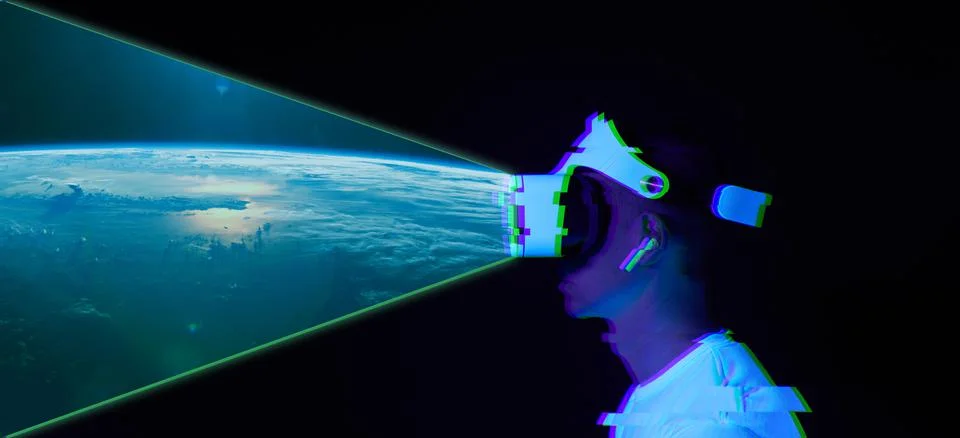 Man uses virtual reality headset to see the far corners of space. Elements of Illustrazione stock