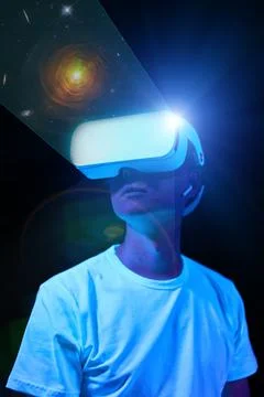Man uses virtual reality headset to see the far corners of space. Elements of Stock Illustration
