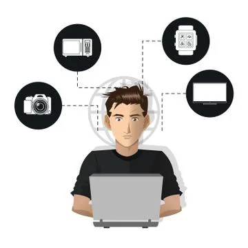 Man usign computer internet things icons Stock Illustration