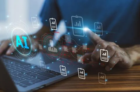 Man using AI artificial intelligence technology AI Assistant support remote.. Stock Photos