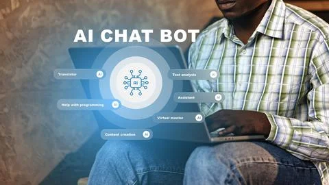 Man using AI chat bot on laptop for programming help and content creation Stock Photos