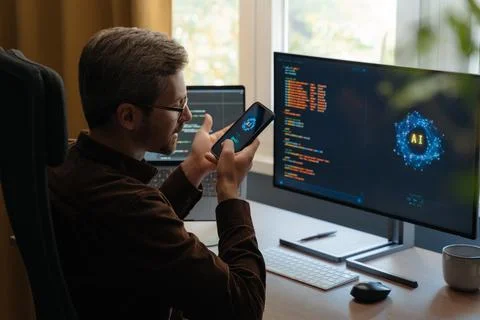 Man using AI chat bot app on smartphone and computer while working Stock Photos