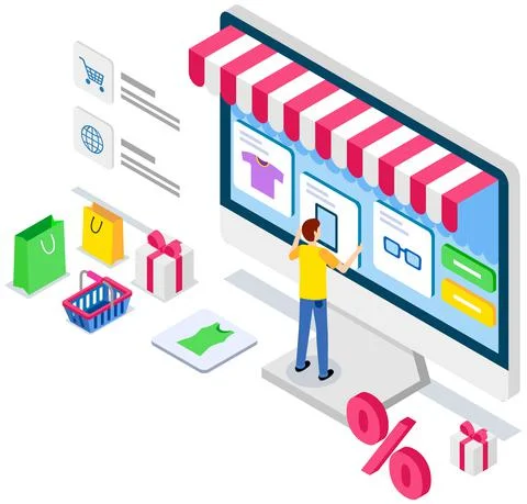 Man using application for buying and ordering goods via Internet. Monitor with イラスト素材