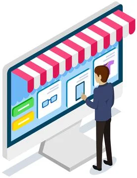 Man using application for buying and ordering goods via Internet. Monitor with Illustrazione stock