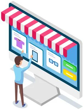 Man using application for buying and ordering goods via Internet. Monitor with Stock Illustration