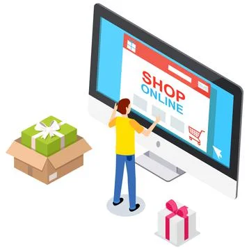 Man using application for buying and ordering goods via Internet. Monitor with Illustrazione stock