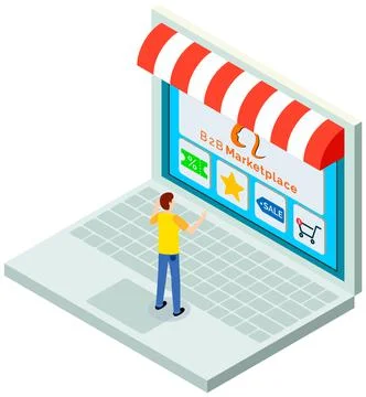 Man using application for buying and ordering goods via Internet. Monitor with Illustrazione stock