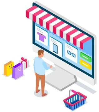 Man using application for buying and ordering goods via Internet. Monitor with Illustrazione stock
