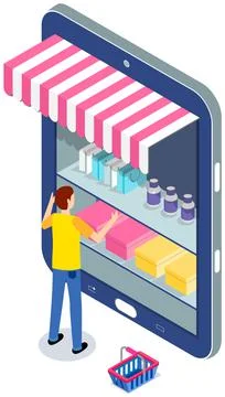 Man using application for buying and ordering goods via Internet. Monitor with Illustrazione stock