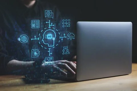 Man using Artificial intelligence chatbot. Human chatting with bot which has AI Stock Photos