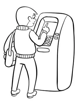 Man using ATM machine. Vector illustration of people black line isolated white イラスト素材