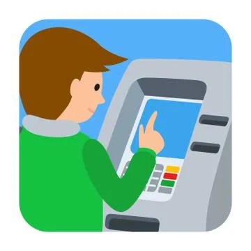 Man using ATM machine. Vector illustration of people square icone isolated white イラスト素材