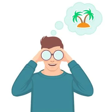 Man using binoculars, dreaming of tropical island, Stock Illustration