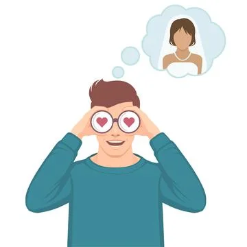 Man using binoculars with heart shape for finding girlfriend. Stock Illustration