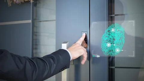 A man using biometric fingerprint sensor for open smart home door Foto stock