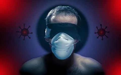 Man using blindfold and mask as coronavirus alert Stock Photos