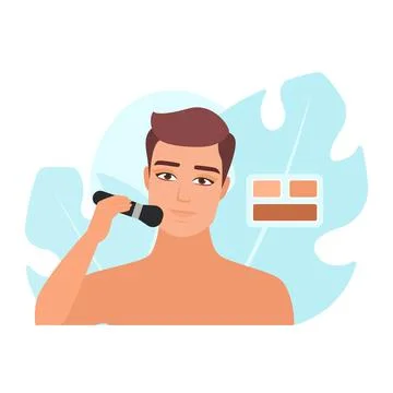 Man using brush to apply cream concealer, highlighter from palette Stock Illustration